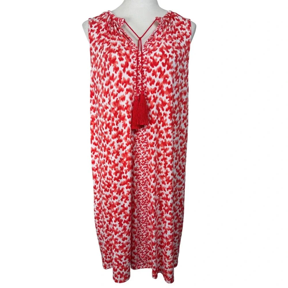 Michael Kors Ikat Heart Print Shift Dress Women XL Red Sleeveless Tassel‎ Tie